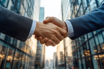 Dynamic background of Businessmen making handshake with partner business joint venture concept, finance and investment modern building background.
