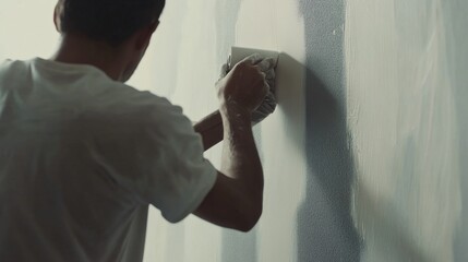 Hispanic painter applying primer to the walls of a new room. Featuring painting and home renovation