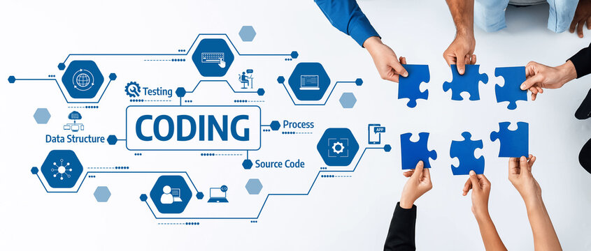 This image captures a collaborative coding session, emphasizing teamwork in software development with hands joining puzzle pieces, symbolizing the coding process and data structure. Amity