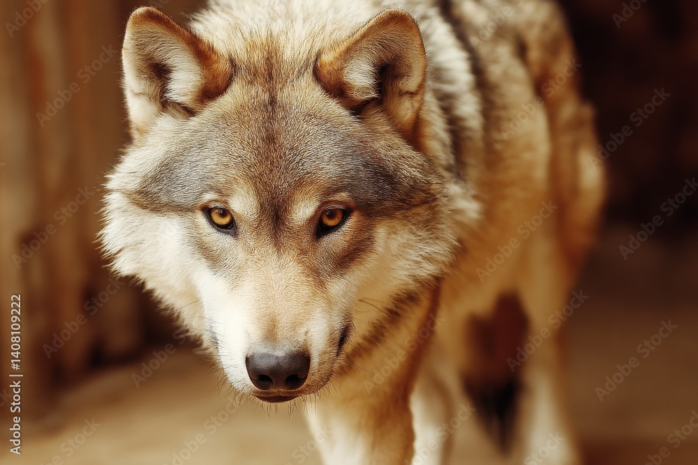 Poster grey wolf walks through a natural setting in serene daylight showcasing its distinctive fur and shar