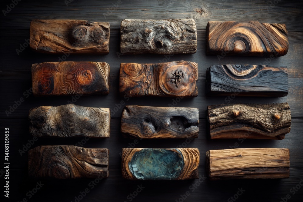 Poster artistic display of unique wooden pieces showcasing natural textures and patterns in various colors 
