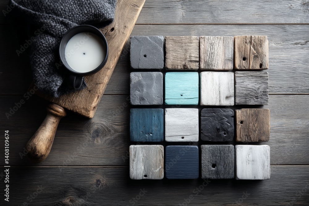 Poster wooden tiles arranged in a grid pattern with a candle and wool blanket on a rustic wooden surface