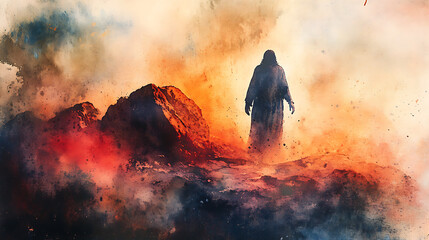 Fototapeta premium Dramatic moment of release, hand in focus dropping stone, Jesus’ silhouette out of focus behind, dusty biblical environmentHighly detailed, cinematic composition,Realistic anatomy and drapery,