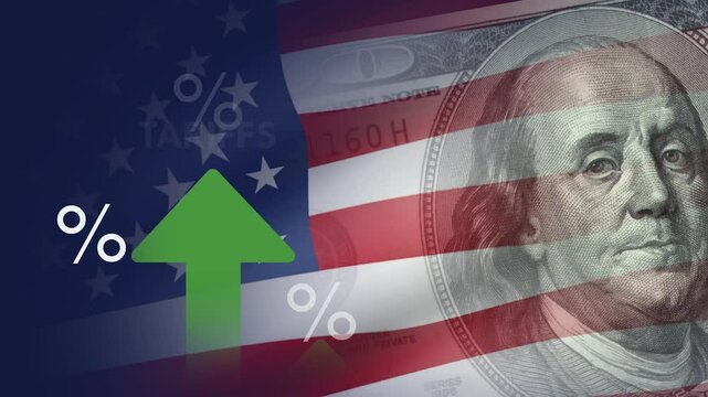 Green arrows and percentage signs rise over the US flag and dollar, symbolizing increasing tariffs and their effect on American trade and inflation.