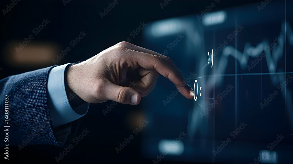 Poster businessman analyzing financial data on an interactive touchscreen display in a dark office setting 