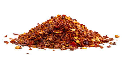 A pile of red chili flakes on a white background. The flakes are scattered and piled up, creating a sense of depth and texture. The image conveys a feeling of warmth and spice