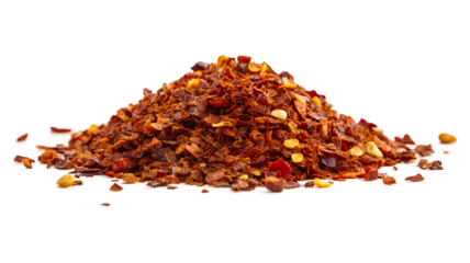 A pile of red chili flakes on a white background. The flakes are scattered and piled up, creating a sense of depth and texture. The image conveys a feeling of warmth and spice