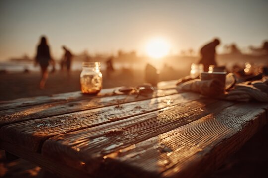 Evening gathering at a beachside table with sunset and warm atmosphere during summer