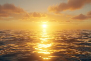 Obraz premium Golden sunset over calm ocean waters with reflective ripples and soft clouds