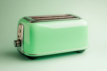 Green vintage toaster on matching background warming up slices of bread