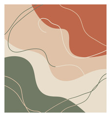 Modern minimalist abstract composition featuring fluid organic forms and flowing contour lines in earthy terracotta and sage green colors, contemporary boho style vector background