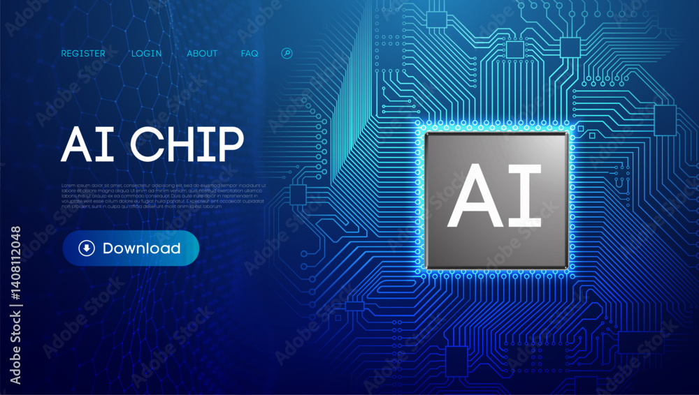 Poster 3d ai chip tech background, computer semiconductor circuit board. Abstract digital blue data cloud concept, futuristic artificial intelligent microchip robot cpu processor vector.