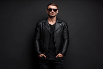 Fototapeta premium Confident man dressed in stylish black leather jacket and sunglasses against a dark backdrop