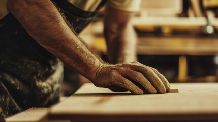 Carpenter sanding a wooden surface in a workshop. Featuring craftsmanship and focus
