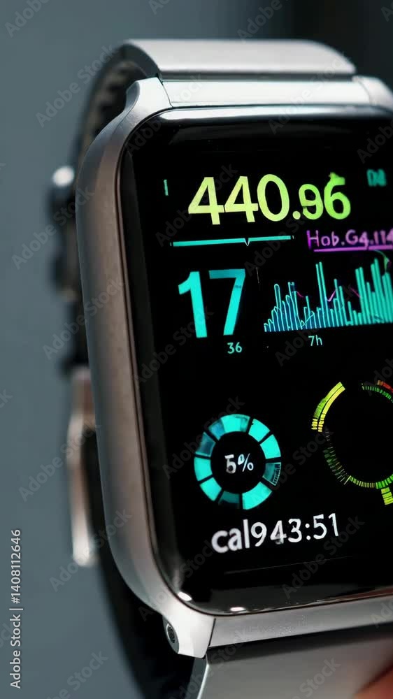 Poster closeup transition of fitness watch displaying activity stats and calorie count in realtime