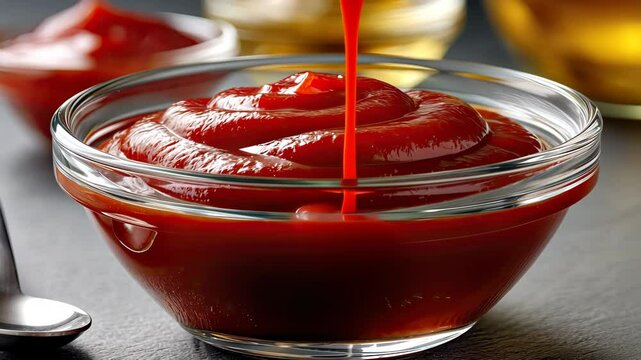 Delicious homemade ketchup preparation in a glass bowl showing rich, smooth texture and vibrant red color