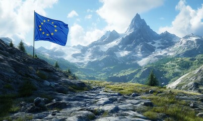 European Union flag waving in a mountainous landscape  under a clear sky.