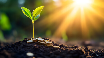 green plant sprouting from a pile of golden coins with sunlight shining through 
