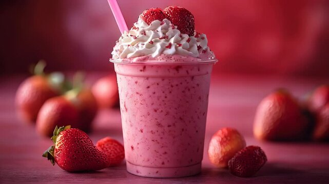 A refreshing strawberry milkshake is served in a clear cup, adorned with whipped cream and fresh strawberries.
