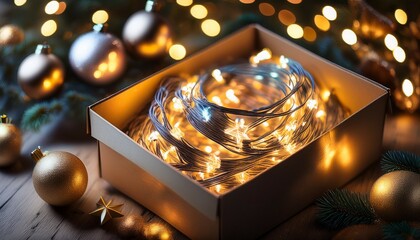 A string of Christmas lights in a box of Christmas decorations