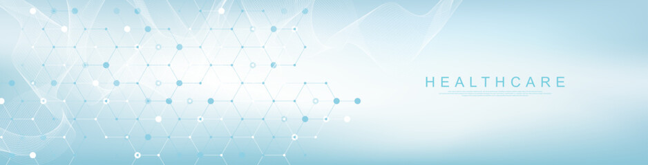 Modern health care or medical background design. Health care innovation concept. Horizontal header web banner. Abstract geometric background with hexagon shapes for medicine, science, chemistry.
