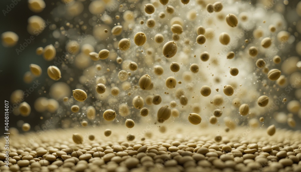 Poster Dynamic Chia Seeds in Motion A Close-Up View of Falling Seeds and Fine Mist