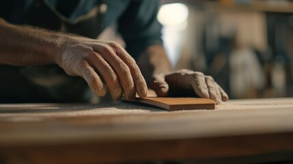 Carpenter sanding a wooden surface in a workshop. Featuring skill and attention to detail