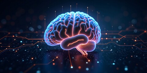 Fototapeta premium Abstract of digital artificial intelligence glowing neural networks, binary streams, and futuristic tech structures on a dark backdrop