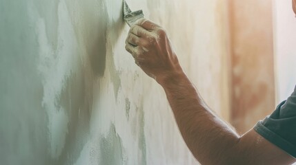 Hispanic painter preparing the surface of a wall before painting. Featuring surface preparation and painting skills