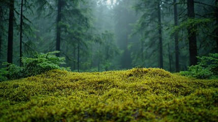 Fototapeta premium Lush, damp forest floor covered in vibrant moss, with misty evergreen trees in the background