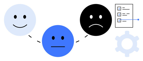 Faces expressing happiness, neutrality, sadness connected by dotted lines. Checklist and gear represent evaluation, process steps. Ideal for feedback, customer experience, mood, decision-making