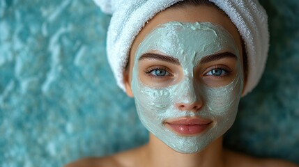 young woman,towel on head applying skin care cream,facial mask on blue spa background promoting beauty,wellness in self care routine,stock image