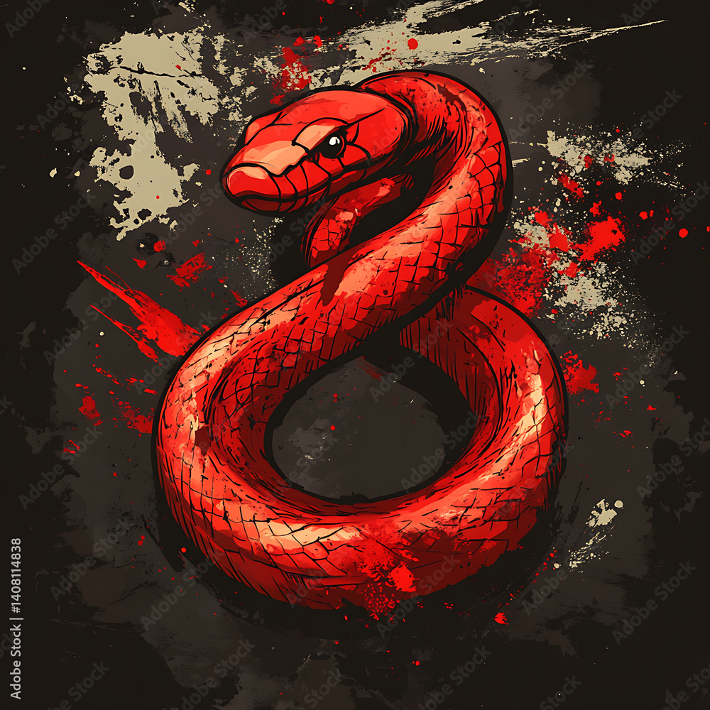 Aufkleber vibrant red snake illustration with dynamic design, featuring splashes of color against dark backgro