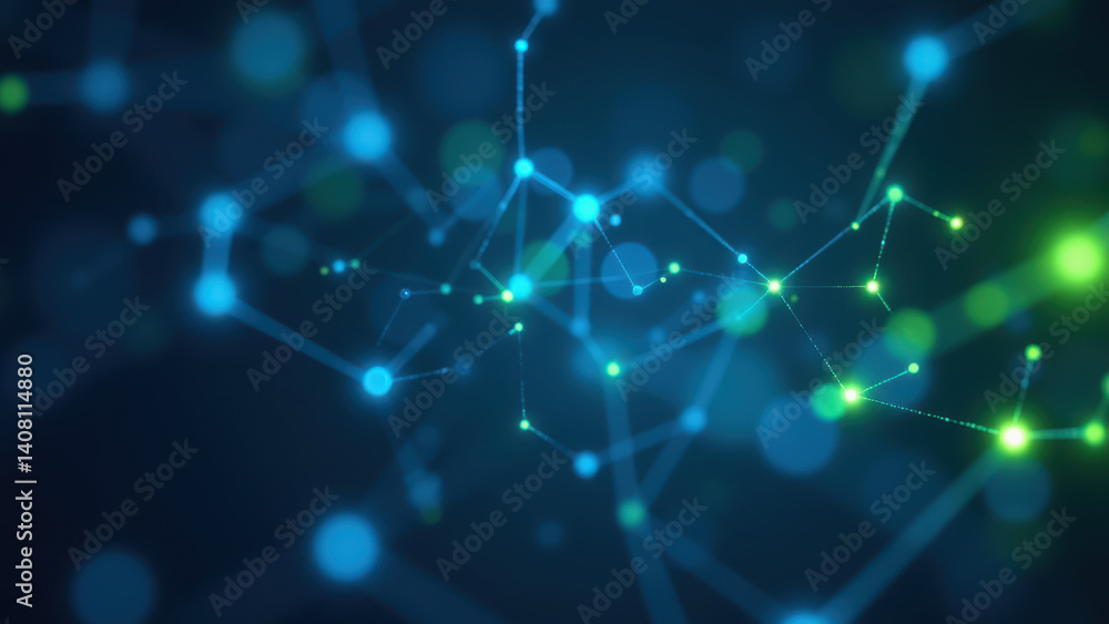 Poster a dynamic digital graphic with blue and green lights representing a network or cellular structure re