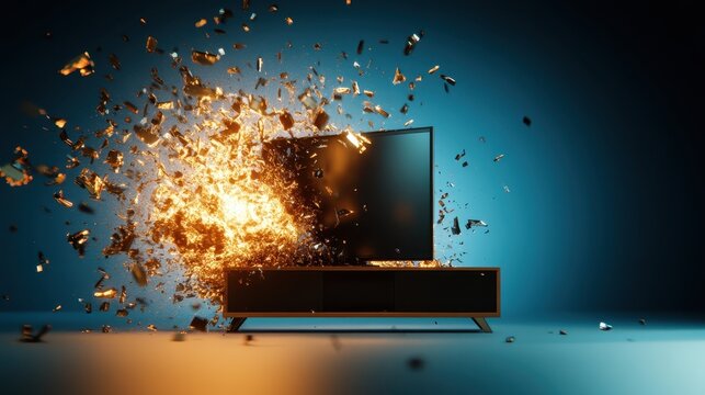 This artwork features a television exploding with golden flames and debris against a dark backdrop, representing chaos and energy in a visually stunning, modern composition.
