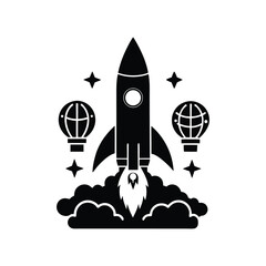 space shuttle launch.Rocket Launching To Space With Globes And Stars Monochrome Vector Graphic