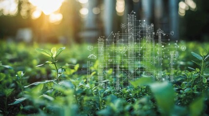 Lush green plants in sunlight with overlay of architectural blueprints and designs