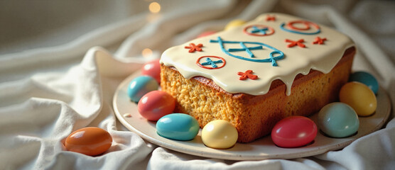 A classic Easter cake covered with white icing with scarlet and azure letters "XB". There are colored colored eggs and dragees around it, the background is a white cloth. The festive atmosphere of Eas