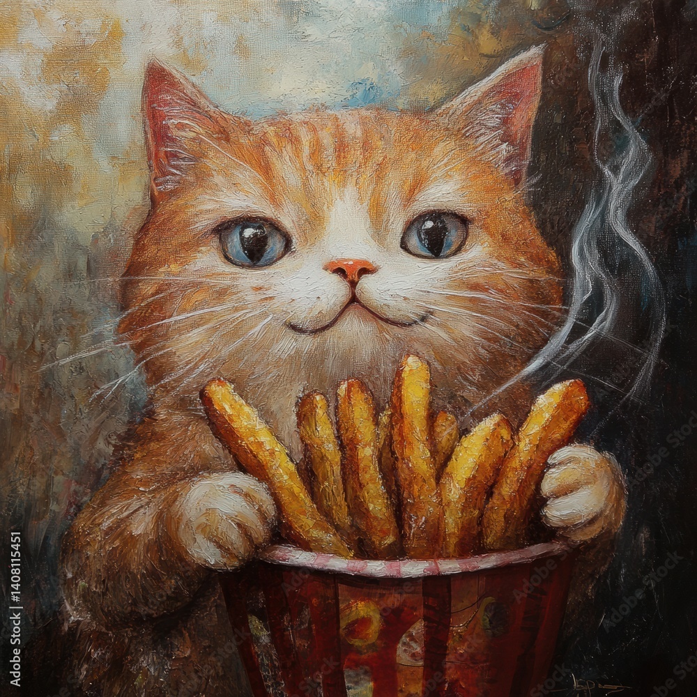 Aufkleber cat joyfully holds a bucket of golden fries with a hint of smoke in a charming setting generative ai