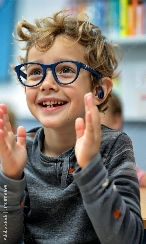 Poster enjoyable learning moment for gen alpha child in classroom setting with friends engaging in interact