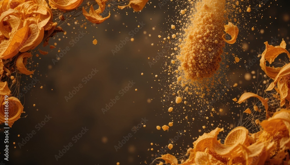Poster dynamic image of dried orange peel and citrus powder exploding against dark background
