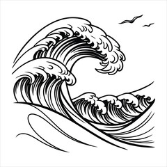 Abstract Waves Line Art Set Black & White Decorative Elements.