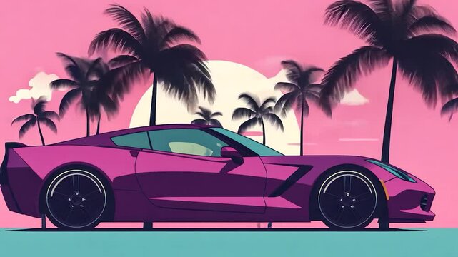 Pink Car, Palm Trees, Sunset Vibe