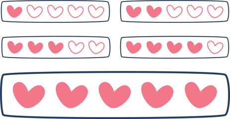 Set of heart rating bar vector illustrations with filled and outlined pink hearts in rounded rectangle frames for love feedback, reviews, and romantic UI design elements

