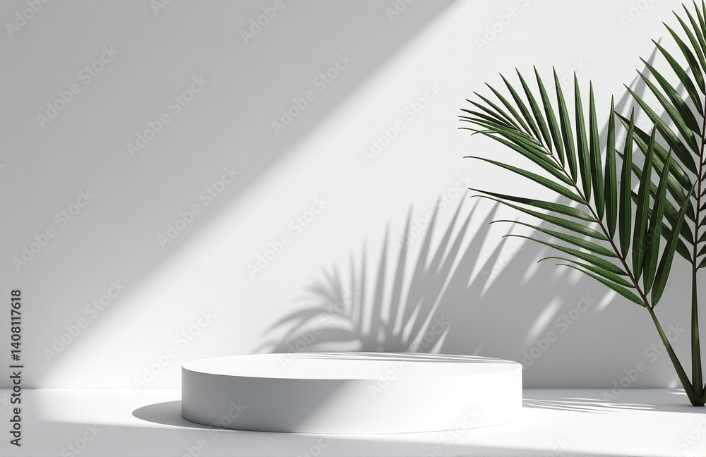 Poster A 3d Rendered Podium With A Palm Tree Leaf Shadow On A Black And White Abstract Background With Light Gray Tones Of Nature.