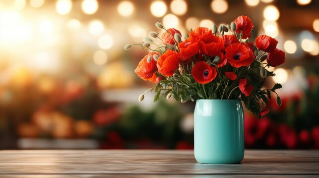 An exquisite arrangement of vibrant poppies in a bright aqua jar set on a wooden table, reflecting warmth and the effortless beauty of floral artistry in daily life.