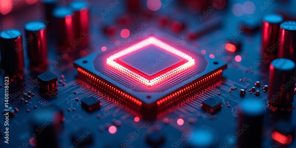 Poster futuristic cpu close-up with glowing core, powerful next gen cpu with glowing central core and data 