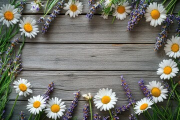 A collection of beautiful wildflowers like daisies and lavender scattered across a wooden table, representing natural healing and herbal wellness.