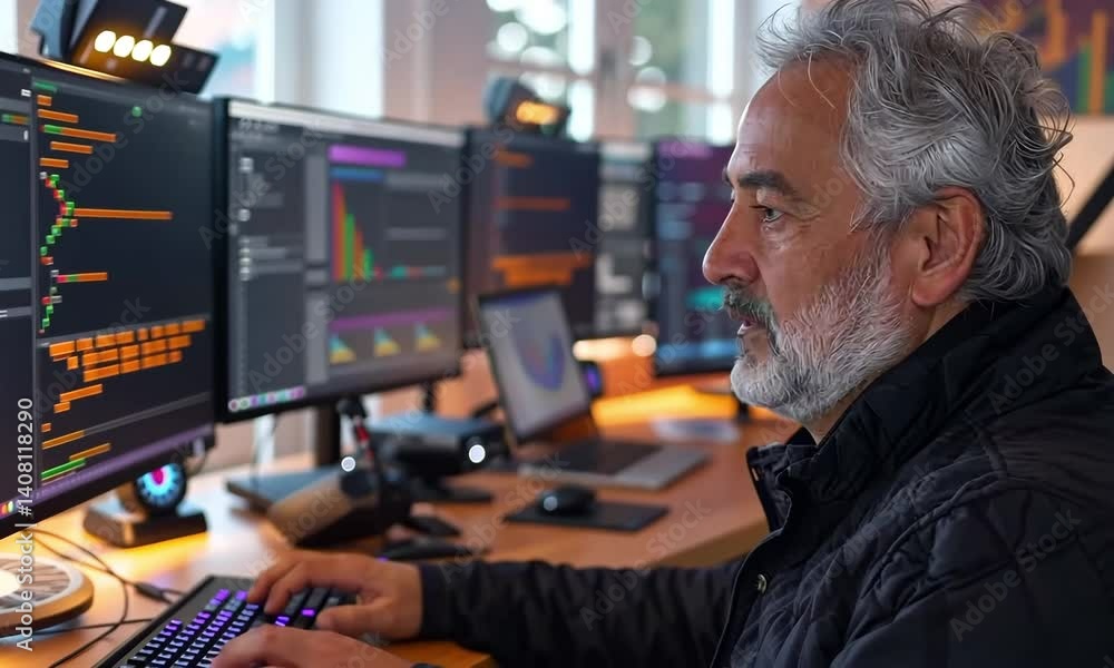 Poster expert works diligently at high-tech workstation analyzing data and developing software