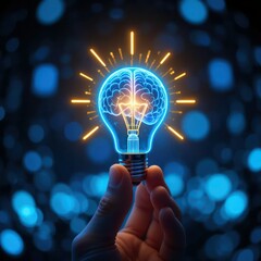 A hand holds a glowing lightbulb with a brain illustration inside, symbolizing creativity and innovation.